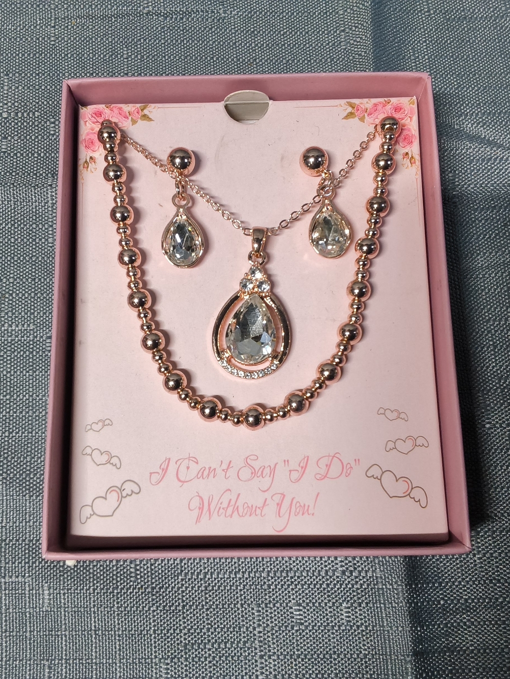 Rose Gold Teardrop Crystal Necklace and Earring Set